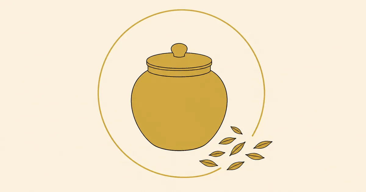 静岡県の格安会社設立ガイド。生成りの紙地に、茶壺（丸い胴の陶製の茶壺）と、その脇にこぼれた茶葉を墨の輪郭線と金色の塗りで平面的に描き、背後に金色の細い円環をひとつ添えた図